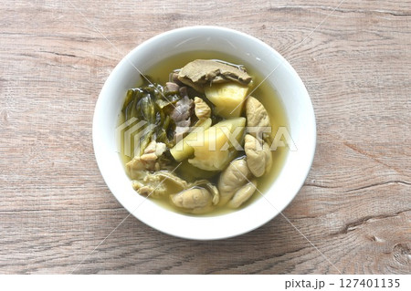 boiled pickled cabbage with pork innard in clear soup on bowl boiled pickled cabbage with pork innard in clear soup on bowl 127401135