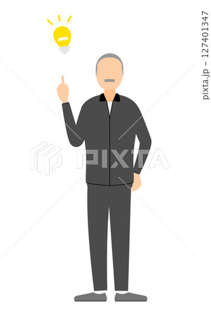 ひらめきのポーズをするジャージ姿のシニア男性のイラスト 127401347