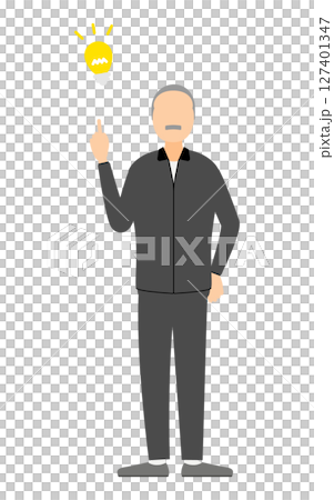 ひらめきのポーズをするジャージ姿のシニア男性のイラスト 127401347