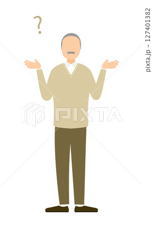 疑問を持ち両手を広げるシニア男性のイラスト 127401382