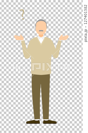 疑問を持ち両手を広げるシニア男性のイラスト 127401382
