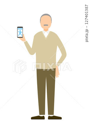 健康アプリを見せるシニア男性のスマホポーズ 127401387
