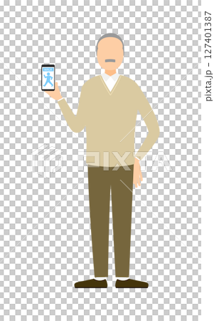 健康アプリを見せるシニア男性のスマホポーズ 127401387