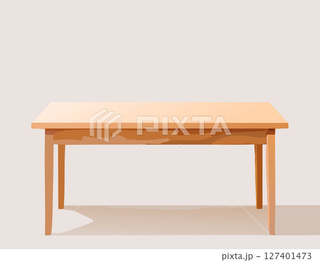 Simple wooden table in minimal style with clean lines and warm brown color, perfect for modern interiors with copy space on top, soft light and white background. 127401473