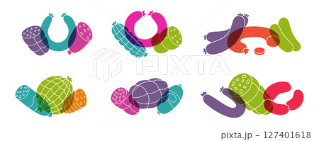 Sausage color icon set. Delicious salami, beef sausage. Butchery menu logo template. Vector illustration. Sausage color icon set. Delicious salami, beef sausage. Butchery menu logo template. Vector illustration. 127401618