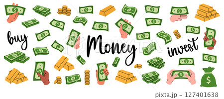 Dollar banknotes set. Flying cash, green banknotes, stack of money, dollar bills, gold coins and bars. Money investment and business concept. Dollar banknotes set. Flying cash, green banknotes, stack of money, dollar bills, gold coins and bars. Money investment and business concept. 127401638