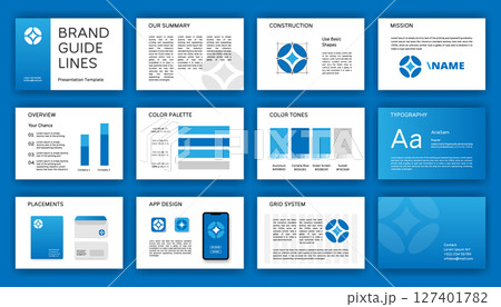 Complete brand identity guide. Logo guideline template. Corporate presentation layout. Logotype system design. Complete brand identity guide. Logo guideline template. Corporate presentation layout. Logotype system design. 127401782