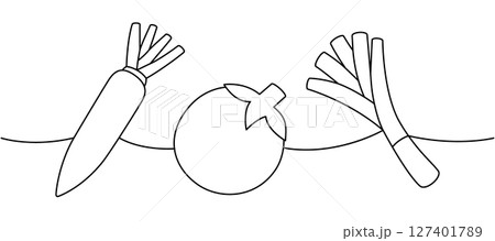 Carrot, tomato, spring onions one line continuous drawing. Fresh organic vegetables. Vector illustration Carrot, tomato, spring onions one line continuous drawing. Fresh organic vegetables. Vector illustration 127401789