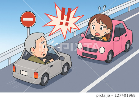 高速道路で逆走に気付きUターンするシニア男性の車と驚く対向車の若い女性。危険運転のイラスト素材 高速道路で逆走に気付きUターンするシニア男性の車と驚く対向車の若い女性。危険運転のイラスト素材 127401969