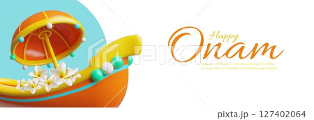 Happy Onam 3D style banner vector design, South India Kerala festival, snake boat with Rangoli flowers and King umbrella 127402064