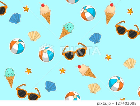 ポップな夏の背景イラスト アイスクリーム,サングラス,ビーチボール〈水色〉 127402088