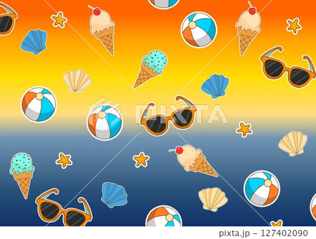 ポップな夏の背景イラスト アイスクリーム,サングラス,ビーチボール〈サンセット〉 127402090