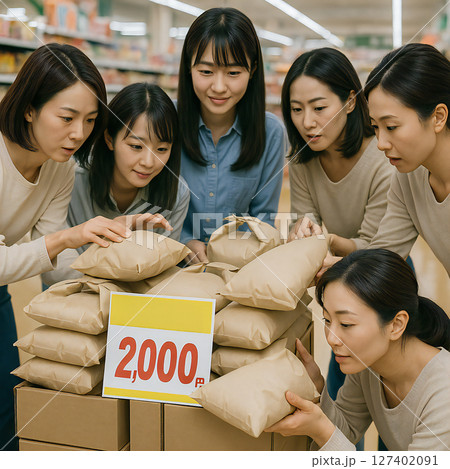 備蓄米に集まる日本人の女性。買い物する主婦 127402091