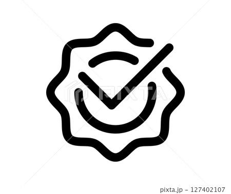 Monochrome vector icon of check mark inside an award badge. Symbolizes approval, quality, verified status, and confirmation. Great for user interface, app design. 127402107