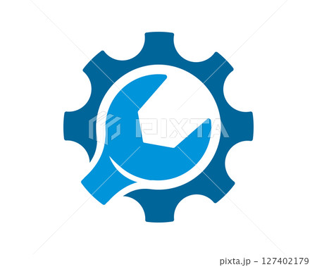 Blue gear with wrench symbol. Concept for engineering, repair, mechanics, industry, or technology. Great for logos, web design, and visual communication projects. 127402179