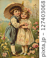 Vintage postcard, Picture of boy and girl hugging in meadow. Retro 127403068