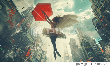Art fantasy, young woman with wings, angel holding red umbrella over modern city 127403072