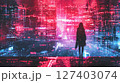 Lonely woman standing top of skyscraper, neon panorama, futuristic cityscape, digital data streams, cyberpunk, matrix 127403074