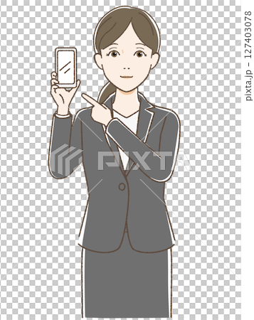 A woman in a suit pointing at her smartphone 127403078