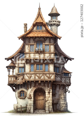 House in european medieval architecture style. Fantasy, fairytale concept. Ai Generative 127403082