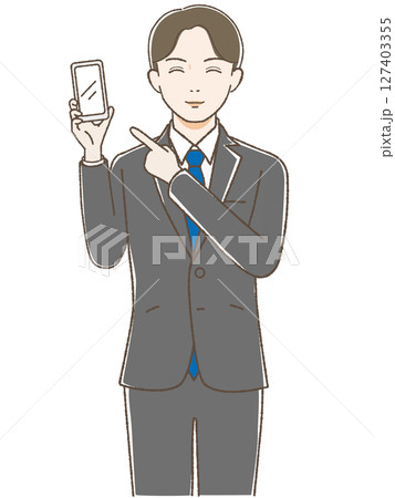 スマホを指さすスーツの男性 スマホを指さすスーツの男性 127403355