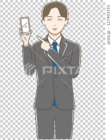 スマホを指さすスーツの男性 スマホを指さすスーツの男性 127403355
