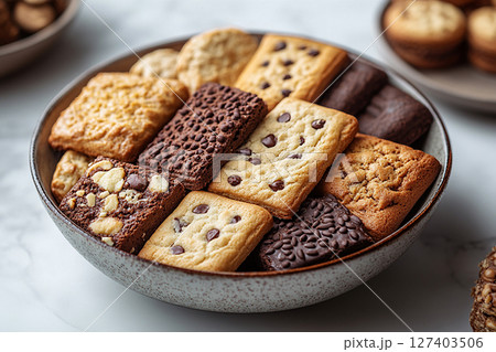 Variety of bakes and cookies in ceramic plate on a white background. Variety of bakes and cookies in ceramic plate on a white background. 127403506