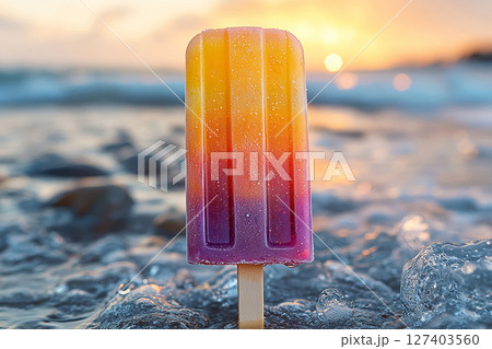 Popsicle with rainbow colors on a long stick on a summer background. Summer fun. Retro style. Popsicle with rainbow colors on a long stick on a summer background. Summer fun. Retro style. 127403560