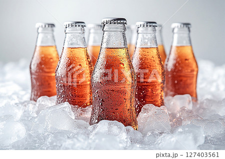 Summer fun. Retro cooler filled with glass soda bottles and ice. Retro style. Close-up. Summer fun. Retro cooler filled with glass soda bottles and ice. Retro style. Close-up. 127403561