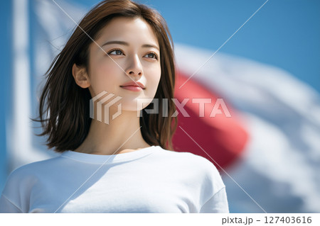 日本国旗と若者（AI生成画像） 127403616