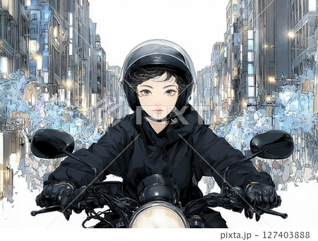 大型バイクで夕方の都市をツーリングする女性ライダーのイラスト素材 127403888