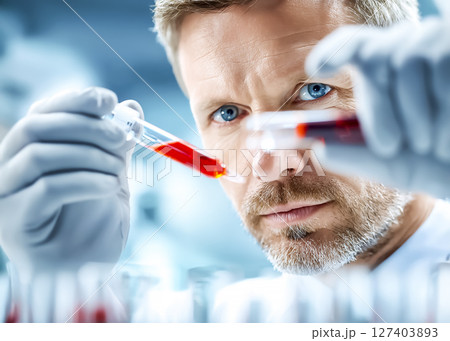 人工血液の入った試験管を持つ科学者のイメージ素材 127403893