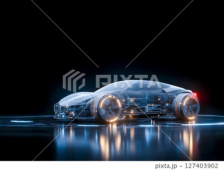 EV自動車の主要パーツと配線のワイヤーフレームのスケルトンCG画像 127403902