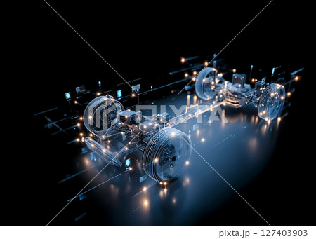 EV自動車の主要パーツと配線のワイヤーフレームのスケルトンCG画像 EV自動車の主要パーツと配線のワイヤーフレームのスケルトンCG画像 127403903