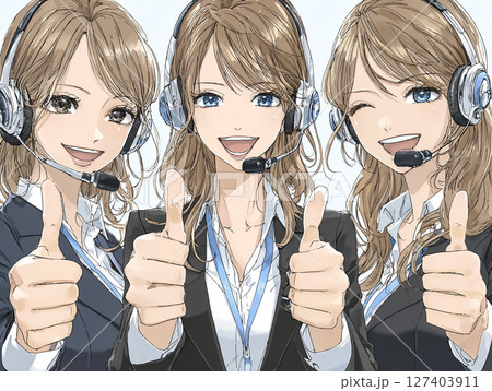 オフィスでヘッドセットをつけて仕事をする女性のイラスト素材 サムズアップ オフィスでヘッドセットをつけて仕事をする女性のイラスト素材 サムズアップ 127403911