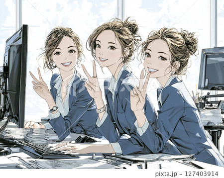 パソコンでバリバリと仕事をする笑顔の若い女性 ピースサイン パソコンでバリバリと仕事をする笑顔の若い女性 ピースサイン 127403914