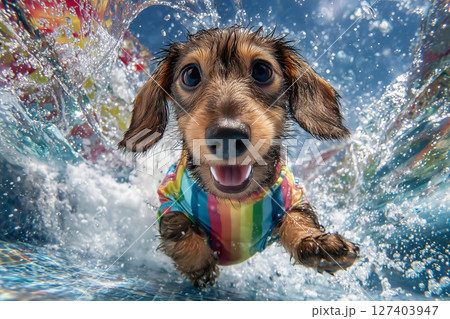 夏のプールで無邪気に遊ぶかわいい犬（AI生成画像） 127403947