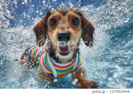 夏のプールで無邪気に遊ぶかわいい犬（AI生成画像） 127403948