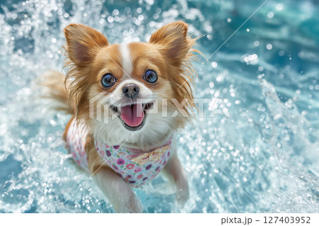 夏のプールで無邪気に遊ぶかわいい犬(AI生成画像) 夏のプールで無邪気に遊ぶかわいい犬(AI生成画像) 127403952