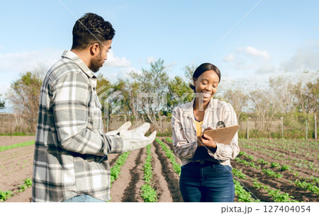 Farm, farmer and woman with clipboard for agriculture, sustainability and organic produce inspection. Farming, small business and health inspector writing health, wheat and agreement check on field 127404054