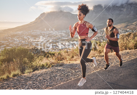 Fitness, exercise and running couple on mountain for cardio workout, training and energy, healthy lifestyle and strong body wellness. Sports, nature and runner man, woman and athletes action on hill 127404418