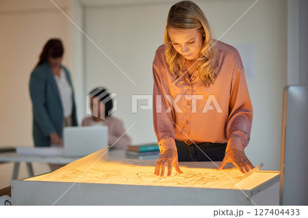 Architect, planning and woman with blueprint in office for design, idea and building project, goal and innovation. Construction, plan and engineer documents for project management, vision and sketch 127404433