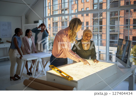 Architecture, blueprint and women meeting, planning and working on design for a construction job on paper. Teamwork, collaboration and employees in communication about strategy for infrastructure Architecture, blueprint and women meeting, planning and working on design for a construction job on paper. Teamwork, collaboration and employees in communication about strategy for infrastructure 127404434