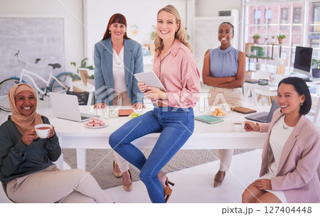 Teamwork, collaboration and creative women working on a project together in corporate modern office. Diversity, smile and portrait of happy business people planning company b2b strategy in workplace. Teamwork, collaboration and creative women working on a project together in corporate modern office. Diversity, smile and portrait of happy business people planning company b2b strategy in workplace. 127404448