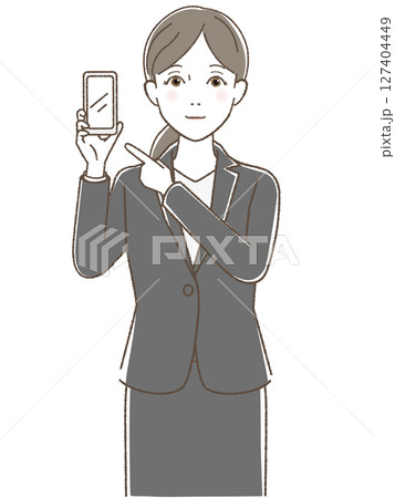 スマホを指さすスーツの女性 127404449