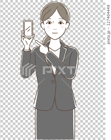 スマホを指さすスーツの女性 127404449