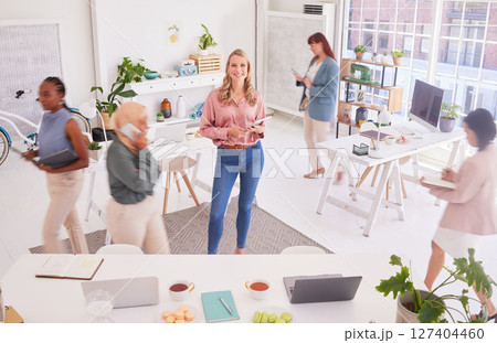 Office, Portrait and busy business woman in startup workspace for marketing agency planning. Creative, productivity and workflow of people manager happy with employee commitment, trust and hard work 127404460