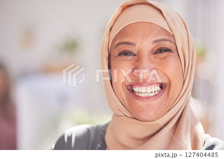 Islam, muslim and woman in hijab with islamic clothes for traditional religion, Arabic culture and spiritual faith. Portrait of senior beauty, skincare and happy Iraq face smile of cosmetics makeup 127404485