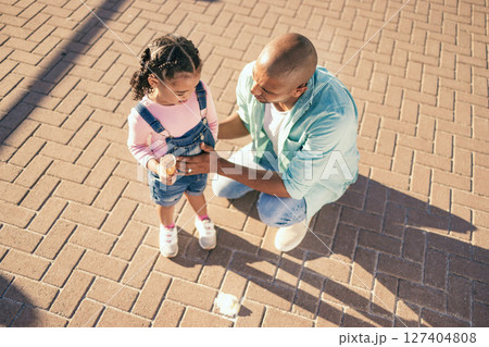 Summer, crying and girl with ice cream on floor standing with dad outdoors upset, sad and unhappy. Childhood, family and father consoling and comforting young child after sweet dessert fell on ground 127404808