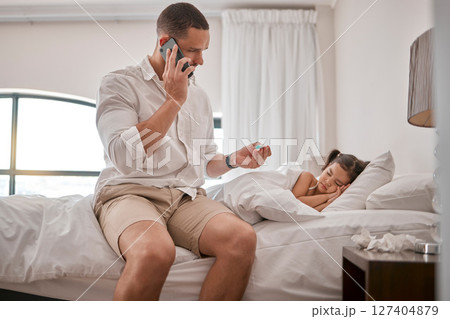 Father, phone call and sick child, thermometer for virus and fever in brazil house or bedroom. Worried man parent consulting kids healthcare advice, fever or medical help for covid risk on smartphone Father, phone call and sick child, thermometer for virus and fever in brazil house or bedroom. Worried man parent consulting kids healthcare advice, fever or medical help for covid risk on smartphone 127404879